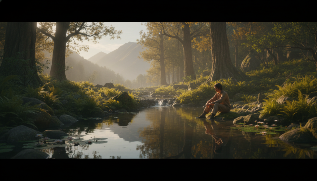 A serene, introspective scene depicting inner reflection, with a tranquil pond surrounded by lush greenery in the foreground. A person, dressed in modest casual clothing, sits at the water's edge, gazing into the reflective surface, suggesting a journey into the subconscious. In the middle ground, soft, flowing ferns and subtle light filtering through trees create an atmosphere of peace and clarity. In the background, delicate mountains fade into a soft mist, enhancing the sense of depth. The lighting is warm and golden, evoking a comforting, meditative mood. Use a wide-angle lens to capture the expansiveness of the setting, emphasizing the connection between nature and the introspective experience.