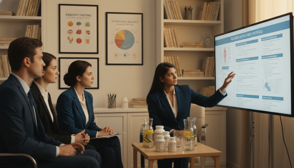 A serene medical consultation room, showcasing a diverse group of professionals in business attire discussing prolonged fasting safety. In the foreground, a concerned doctor gestures towards a detailed chart outlining vital medical considerations. The middle ground features an array of medical posters on the walls, displaying healthy fasting protocols and nutritional balance. A small table holds an array of health supplements and water bottles, emphasizing hydration. The background consists of softly lit bookshelves filled with medical literature and fasting guides. The lighting is warm and inviting, creating a calm atmosphere that reassures viewers about the importance of safety in fasting. The composition is framed from a slightly elevated angle to highlight the interaction, conveying a sense of professionalism and expertise.