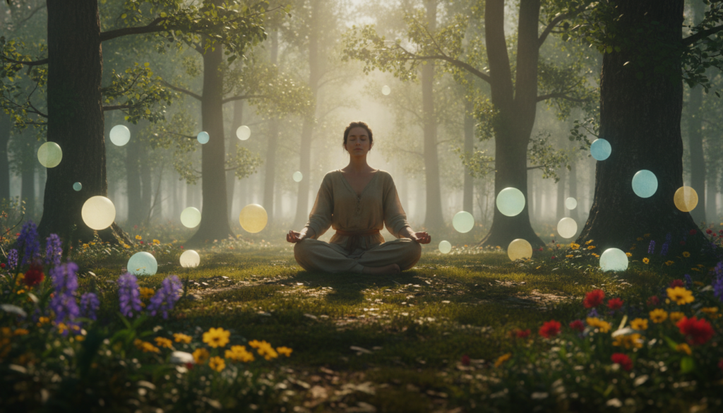 A serene, meditative figure seated cross-legged in a lush, tranquil forest clearing, surrounded by softly glowing orbs of light representing intuitive insights. Leaves gently rustle, and the dappled sunlight filters through the trees, creating a warm and inviting atmosphere. The figure, dressed in modest, earth-toned clothing, exudes a sense of calm and focus, with eyes closed in deep contemplation. In the foreground, vibrant wildflowers bloom, symbolizing growth and clarity. The middle ground features tall, verdant trees that frame the scene, while the background fades into a gentle mist, enhancing the feeling of peace and isolation from a noisy world. The overall mood is one of tranquility, wisdom, and connection with nature, captured in soft, diffused lighting. A serene, meditative figure seated cross-legged in a lush, tranquil forest clearing, surrounded by softly glowing orbs of light representing intuitive insights. Leaves gently rustle, and the dappled sunlight filters through the trees, creating a warm and inviting atmosphere. The figure, dressed in modest, earth-toned clothing, exudes a sense of calm and focus, with eyes closed in deep contemplation. In the foreground, vibrant wildflowers bloom, symbolizing growth and clarity. The middle ground features tall, verdant trees that frame the scene, while the background fades into a gentle mist, enhancing the feeling of peace and isolation from a noisy world. The overall mood is one of tranquility, wisdom, and connection with nature, captured in soft, diffused lighting.