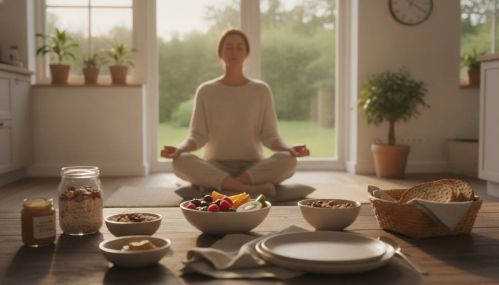 A serene morning scene focused on optimizing the circadian cycle through early time-restricted feeding. In the foreground, a well-prepared breakfast table with healthy foods like fruits, nuts, and whole grains, beautifully arranged on a rustic wooden table. In the middle, a professional individual in modest casual clothing, engaged in mindfulness techniques like meditation or journaling, with soft sunlight illuminating their face. The background features a bright, sunny kitchen with large windows, plants, and a clock subtly showing early morning hours, emphasizing the theme of time. The atmosphere feels calm and rejuvenating, promoting a sense of wellness, with gentle, warm lighting to enhance the peaceful mood and a slight depth of field effect to draw focus on the subject. A serene morning scene focused on optimizing the circadian cycle through early time-restricted feeding. In the foreground, a well-prepared breakfast table with healthy foods like fruits, nuts, and whole grains, beautifully arranged on a rustic wooden table. In the middle, a professional individual in modest casual clothing, engaged in mindfulness techniques like meditation or journaling, with soft sunlight illuminating their face. The background features a bright, sunny kitchen with large windows, plants, and a clock subtly showing early morning hours, emphasizing the theme of time. The atmosphere feels calm and rejuvenating, promoting a sense of wellness, with gentle, warm lighting to enhance the peaceful mood and a slight depth of field effect to draw focus on the subject.