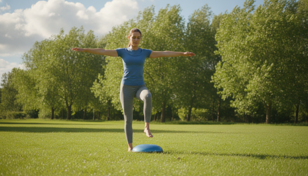 A serene outdoor scene featuring a young adult engaging in barefoot proprioceptive training on a soft grassy field. In the foreground, the individual, dressed in modest athletic wear, is confidently balancing on one foot while their other foot rests on a textured surface, like a yoga mat or balance pad. In the middle ground, vibrant green trees create a natural boundary, while a gentle breeze rustles the leaves, adding a sense of movement. The background shows a clear blue sky with fluffy white clouds, evoking a peaceful and invigorating atmosphere. Natural sunlight bathes the scene, casting soft shadows to enhance depth. The overall mood is focused and contemplative, highlighting the importance of grounding and connection to nature during balance training.