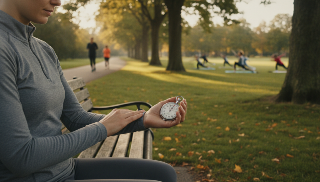 A serene outdoor setting showcasing a person in modest athletic wear, sitting on a park bench while calmingly monitoring their heart rate using traditional methods like a stopwatch or hand pulse check. In the foreground, emphasize clear hand positioning on the wrist and focused facial expression to illustrate concentration. The middle layer depicts lush green park scenery with trees and soft sunlight filtering through the leaves, creating gentle dappled shadows. In the background, a distant group of people engaging in various exercises like jogging and yoga, contributing to a lively yet peaceful atmosphere. The lighting is warm and natural, capturing the essence of an uplifting morning or late afternoon, enhancing the feeling of calm yet intentional exercise.