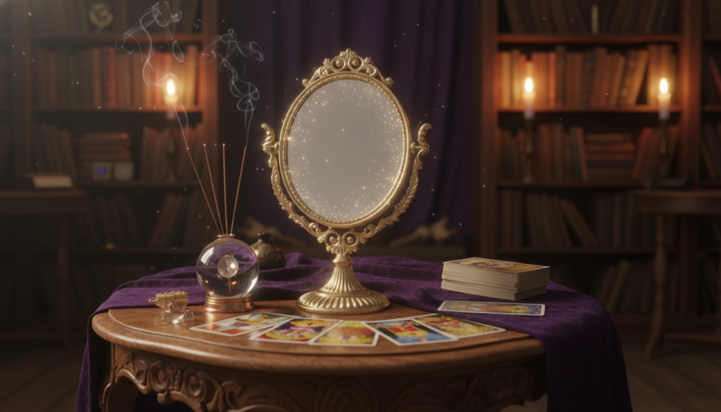 A serene, softly lit setting featuring a central scrying mirror reflecting shimmering, ethereal light. In the foreground, an ornate, vintage mirrored surface rests on a beautifully carved wooden table, surrounded by various metaphysical divination tools such as crystal balls, tarot cards, and incense sticks. Delicate smoke wafts gently around, adding an air of mystique. The middle ground showcases a lush, dark velvet fabric that enhances the somber yet magical ambiance, while the background reveals shelves lined with ancient books and magical artifacts, dimly illuminated by flickering candlelight. The overall atmosphere should evoke a sense of tranquility, intuition, and deep connection to the subconscious, with a warm color palette of deep purples and golds to inspire a mystical vibe.