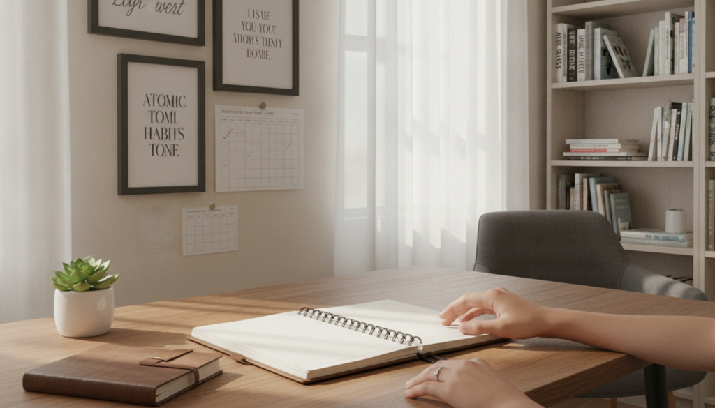 A serene workspace designed to promote productivity, featuring a well-organized desk with a journal, a planner, and a potted plant. In the foreground, a pair of hands is reaching for the planner, suggesting intentionality and routine-building. The middle ground includes the desk lit by soft, natural light filtering through a window adorned with sheer curtains, casting gentle shadows. On the wall, there are framed motivational quotes and habit trackers. In the background, a comfortable, minimalistic chair and a bookshelf filled with books on personal development and organization. The overall atmosphere is calm and inspiring, with a warm color palette that encourages focus and consistency. The image conveys a sense of intention and ease in cultivating effective habits.