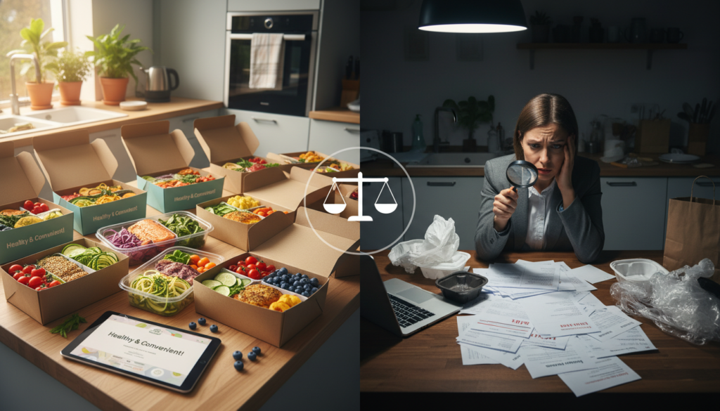 A split-image design illustrating the pros and cons of meal delivery services, with vivid details. On the left, a visually appealing display of fresh, colorful meal box deliveries, neatly arranged with organic ingredients, highlighting the convenience of nutritious meals, set in a bright kitchen environment with natural lighting. On the right, contrasting images of hidden costs, featuring disorganized paperwork with bills, a concerned individual in professional attire reviewing expenses at a cluttered kitchen table, capturing the stress of financial implications. The background should depict a cozy, domestic kitchen ambiance. Use a wide-angle lens for a dynamic perspective, evoking a balanced tone that combines optimism and caution, reflecting the theme of weighing benefits against potential drawbacks. A split-image design illustrating the pros and cons of meal delivery services, with vivid details. On the left, a visually appealing display of fresh, colorful meal box deliveries, neatly arranged with organic ingredients, highlighting the convenience of nutritious meals, set in a bright kitchen environment with natural lighting. On the right, contrasting images of hidden costs, featuring disorganized paperwork with bills, a concerned individual in professional attire reviewing expenses at a cluttered kitchen table, capturing the stress of financial implications. The background should depict a cozy, domestic kitchen ambiance. Use a wide-angle lens for a dynamic perspective, evoking a balanced tone that combines optimism and caution, reflecting the theme of weighing benefits against potential drawbacks.
