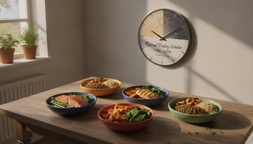 A tranquil kitchen scene depicting a smartly designed timetable for meal planning. In the foreground, a wooden table holds diverse, vibrant, and balanced meals arranged neatly in colorful bowls, including lean proteins, fresh vegetables, and whole grains. In the middle ground, a wall-mounted clock highlights the optimal eating windows in an artistic graphic format, emphasizing early time-restricted feeding. The background features a sunlit window showing the subtle transition of daylight, suggesting the importance of circadian rhythms. The atmosphere is calm and motivational, with soft, natural lighting illuminating the space, creating an inviting mood. Shot with a slight angle to provide depth, emphasizing the organized and thoughtful approach to eating. A tranquil kitchen scene depicting a smartly designed timetable for meal planning. In the foreground, a wooden table holds diverse, vibrant, and balanced meals arranged neatly in colorful bowls, including lean proteins, fresh vegetables, and whole grains. In the middle ground, a wall-mounted clock highlights the optimal eating windows in an artistic graphic format, emphasizing early time-restricted feeding. The background features a sunlit window showing the subtle transition of daylight, suggesting the importance of circadian rhythms. The atmosphere is calm and motivational, with soft, natural lighting illuminating the space, creating an inviting mood. Shot with a slight angle to provide depth, emphasizing the organized and thoughtful approach to eating.