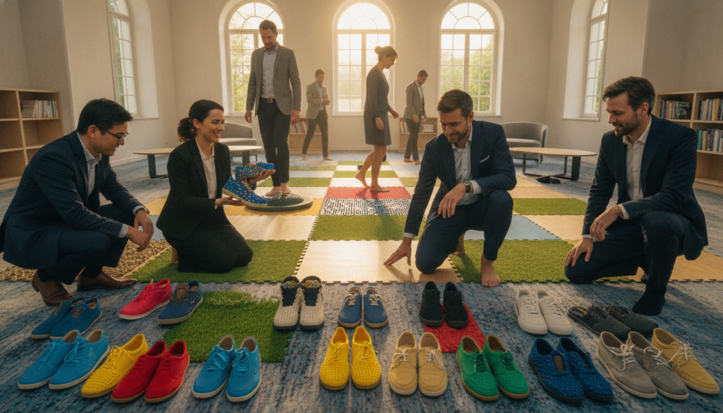 An inviting interior scene depicting the concept of proprioceptive stimulation, focusing on a colorful array of sensory shoes laid out for exploration. In the foreground, a diverse group of individuals, dressed in professional business attire, interacts with the shoes, showcasing various textures and designs. The middle ground highlights a tactile sensory experience, featuring vibrant mats and textured surfaces that encourage sensory engagement. The background features a well-lit room with soft, natural light streaming through large windows, creating an atmosphere of warmth and curiosity. Use a wide-angle lens to capture the entire scene, emphasizing the dynamic interaction among the individuals, while ensuring a sense of gentle movement and energy. The overall mood is positive, encouraging discovery and integration of sensory stimulation into daily life.