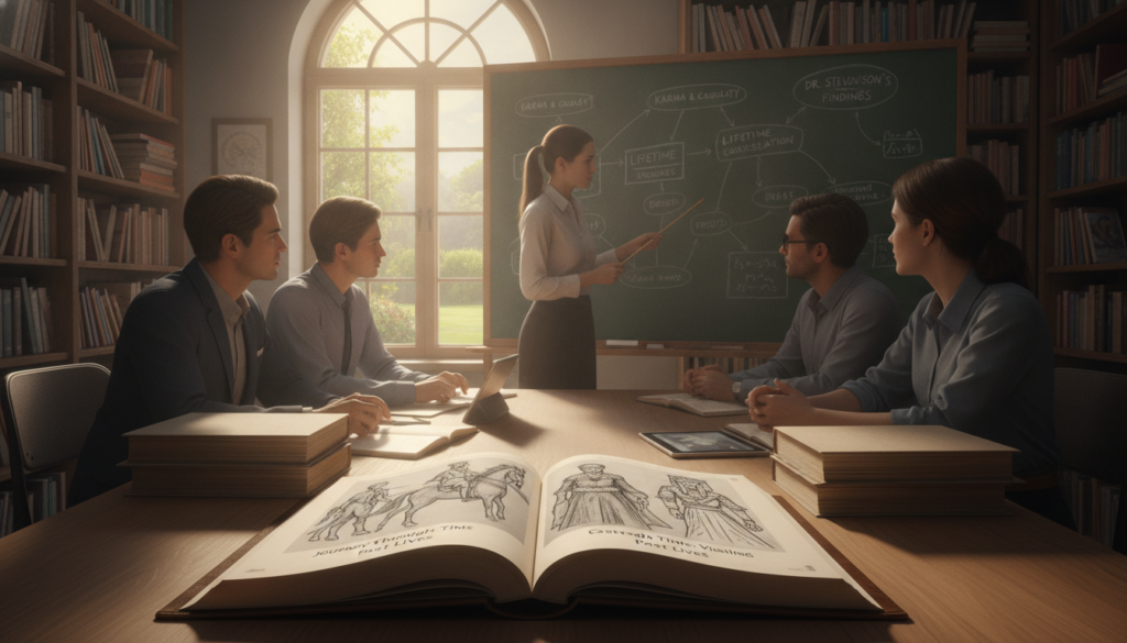 In a serene, softly lit laboratory filled with books on psychology and spirituality, a diverse group of researchers, dressed in professional attire, are engaged in a thoughtful discussion around a table cluttered with case studies on reincarnation. In the foreground, a close-up of an open book reveals detailed illustrations of past life regression, with sketches of historical figures. In the middle ground, a researcher points to a chalkboard filled with notes and diagrams that illustrate correlations between karma and past lives. The background features a large window letting in natural light, creating a calm atmosphere infused with curiosity and contemplation. The overall mood is one of scientific inquiry and exploration, highlighting the quest for knowledge surrounding the controversial research of Dr. Ian Stevenson.