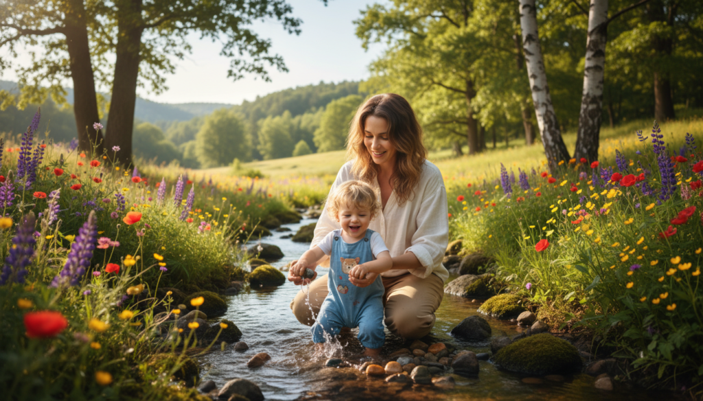 In a serene, sun-drenched forest setting, a gentle stream flows through the scene, surrounded by lush greenery and vibrant wildflowers. In the foreground, a woman in modest casual clothing kneels beside the stream, her face radiating warmth and compassion as she interacts with a small child who is joyfully playing with colorful stones. The child, dressed in soft, playful attire, embodies innocence and curiosity, symbolizing the inner self. In the middle ground, soft rays of sunlight filter through the trees, casting a golden glow on the scene, while the background features gently rolling hills that evoke a sense of peace and tranquility. The overall mood is one of nurturing and healing, inviting viewers to reflect on the transformative power of reconnecting with one's inner child. In a serene, sun-drenched forest setting, a gentle stream flows through the scene, surrounded by lush greenery and vibrant wildflowers. In the foreground, a woman in modest casual clothing kneels beside the stream, her face radiating warmth and compassion as she interacts with a small child who is joyfully playing with colorful stones. The child, dressed in soft, playful attire, embodies innocence and curiosity, symbolizing the inner self. In the middle ground, soft rays of sunlight filter through the trees, casting a golden glow on the scene, while the background features gently rolling hills that evoke a sense of peace and tranquility. The overall mood is one of nurturing and healing, inviting viewers to reflect on the transformative power of reconnecting with one's inner child.