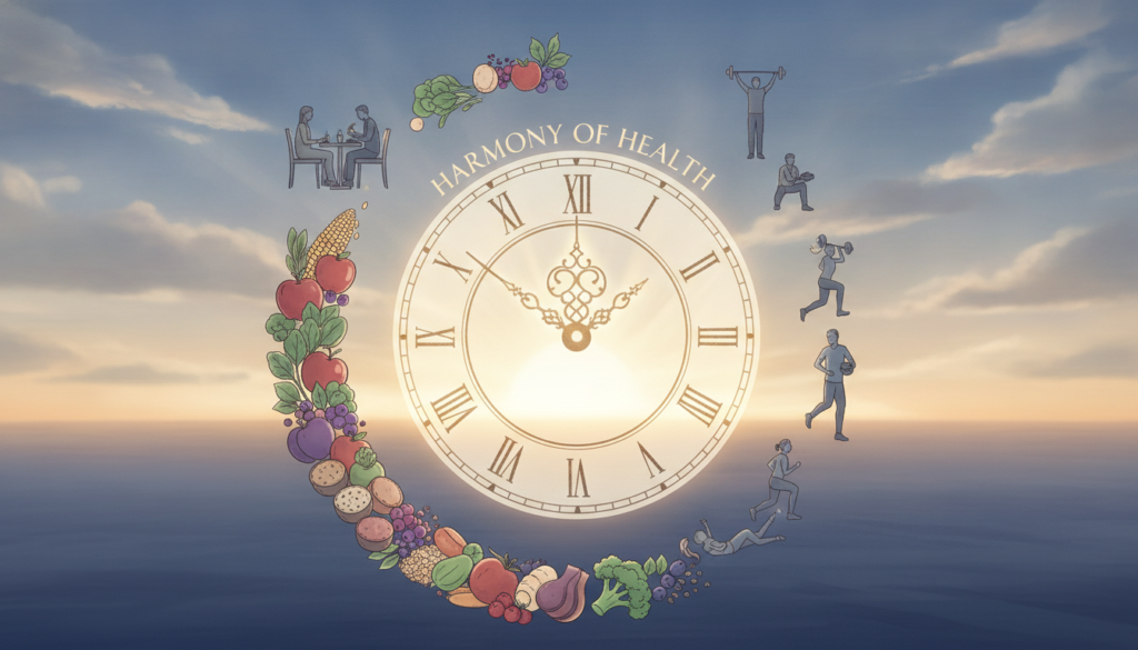 A beautifully detailed illustration showcasing the interplay between insulin sensitivity and circadian rhythms. In the foreground, a circular clock with glowing hands represents time, surrounded by various healthy foods like fruits and vegetables symbolizing the impact of meal timing on insulin sensitivity. In the middle ground, human silhouettes in professional attire engage in activities like eating and exercising in sync with the clock’s cycles. The background features a serene sunrise, casting soft, warm light that signifies the natural circadian rhythm, blending into a vibrant blue sky with scattered clouds. The overall mood is harmonious and enlightening, emphasizing the importance of timing in nutrient processing with a focus on health and wellness. A beautifully detailed illustration showcasing the interplay between insulin sensitivity and circadian rhythms. In the foreground, a circular clock with glowing hands represents time, surrounded by various healthy foods like fruits and vegetables symbolizing the impact of meal timing on insulin sensitivity. In the middle ground, human silhouettes in professional attire engage in activities like eating and exercising in sync with the clock’s cycles. The background features a serene sunrise, casting soft, warm light that signifies the natural circadian rhythm, blending into a vibrant blue sky with scattered clouds. The overall mood is harmonious and enlightening, emphasizing the importance of timing in nutrient processing with a focus on health and wellness.