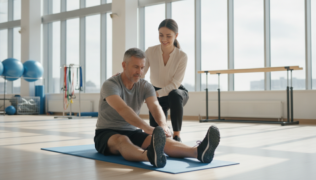 A bright and airy rehabilitation clinic setting, showcasing a middle-aged man performing mid-stage post-surgery exercises. In the foreground, he is sitting on a mat, engaging in a gentle stretching movement, wearing a modest athletic outfit. The middle ground features a physical therapist, a young woman in business casual attire, providing guidance and support. In the background, large windows let in natural light, illuminating the room filled with exercise equipment like stability balls and resistance bands. The atmosphere feels encouraging and focused, capturing a moment of recovery and dedication. The composition is captured from a slightly elevated angle, highlighting both the patient and therapist's interaction, with soft shadows adding to the warmth of the environment. A bright and airy rehabilitation clinic setting, showcasing a middle-aged man performing mid-stage post-surgery exercises. In the foreground, he is sitting on a mat, engaging in a gentle stretching movement, wearing a modest athletic outfit. The middle ground features a physical therapist, a young woman in business casual attire, providing guidance and support. In the background, large windows let in natural light, illuminating the room filled with exercise equipment like stability balls and resistance bands. The atmosphere feels encouraging and focused, capturing a moment of recovery and dedication. The composition is captured from a slightly elevated angle, highlighting both the patient and therapist's interaction, with soft shadows adding to the warmth of the environment.