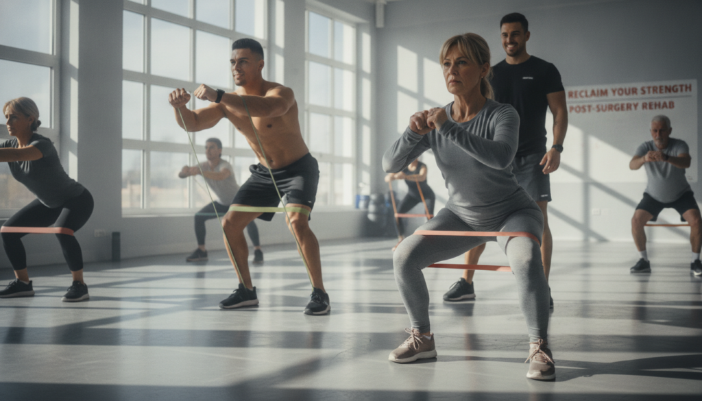 A brightly lit gym setting featuring a diverse group of individuals performing functional training exercises with resistance bands. In the foreground, a middle-aged woman in modest activewear is engaged in a squatting movement with a resistance band, demonstrating proper form. In the middle ground, a young man is focused on performing a chest press with resistance bands, showcasing strength and concentration. The background features a fitness instructor guiding another participant, emphasizing teamwork and support. The gym has large windows allowing natural light to flood in, creating an energetic and motivating atmosphere. The image should capture a sense of determination and progress, visually representing the path to restoring strength and mobility post-surgery. A brightly lit gym setting featuring a diverse group of individuals performing functional training exercises with resistance bands. In the foreground, a middle-aged woman in modest activewear is engaged in a squatting movement with a resistance band, demonstrating proper form. In the middle ground, a young man is focused on performing a chest press with resistance bands, showcasing strength and concentration. The background features a fitness instructor guiding another participant, emphasizing teamwork and support. The gym has large windows allowing natural light to flood in, creating an energetic and motivating atmosphere. The image should capture a sense of determination and progress, visually representing the path to restoring strength and mobility post-surgery.