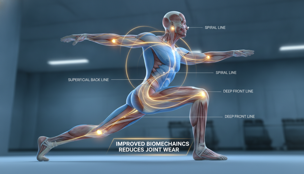 A detailed illustration of the biomechanics of fascia, focusing on a human figure depicted in a dynamic pose that highlights the fascial slings connecting muscles and joint systems. In the foreground, the figure wears professional athletic attire, demonstrating kinetic movement, with vibrant colors illustrating tension and energy flow along the fascial lines. The middle layer features a semi-transparent overlay of anatomical diagrams of fascia and joint structures, showcasing their interconnectedness. The background contains a softly illuminated gym or lab setting, with shadows enhancing the sense of depth and realism. The overall mood conveys energy, vitality, and exploration, emphasizing the significance of improved biomechanics in reducing joint wear. Utilize dramatic lighting and a slightly low-angle perspective to evoke a sense of strength and motion.