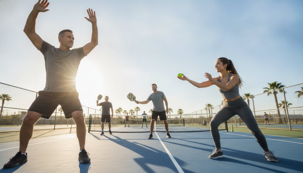 A dynamic scene of a diverse group of adults engaged in pickleball warm-up exercises on an outdoor court. In the foreground, a middle-aged man performs a dynamic stretch with his arms raised, while a young woman conducts lunges, emphasizing agility. In the middle, a couple is seen doing partner drills, passing the ball back and forth while maintaining energy and focus. The background features an open court with a vibrant blue sky, sunlight casting a warm glow on the players, enhancing the atmosphere of an energetic pre-match preparation. The angle is slightly low, capturing the players' movements from a dynamic perspective, creating a feeling of anticipation and engagement.