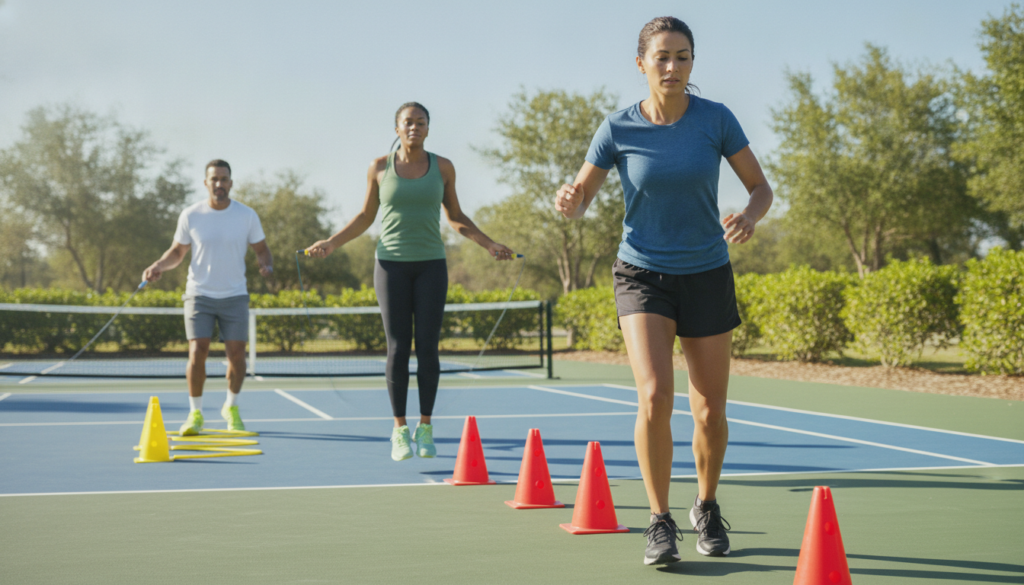 A dynamic scene showcasing a group of diverse adults engaged in agility exercises specific to pickleball, emphasizing lateral movement and footwork speed. In the foreground, a determined player in modest athletic wear is performing lateral shuffles, showcasing their nimble footwork. In the middle, others practice jump rope drills and quick cone sprints, with clearly defined agility cones placed strategically around them. The background features a bright, sunlit outdoor pickleball court surrounded by greenery, with a clear blue sky. Use soft, natural lighting to enhance the focus on movement and energy. Capture the excitement and determination in the athletes' expressions, conveying a lively, encouraging atmosphere ideal for honing athletic skills.