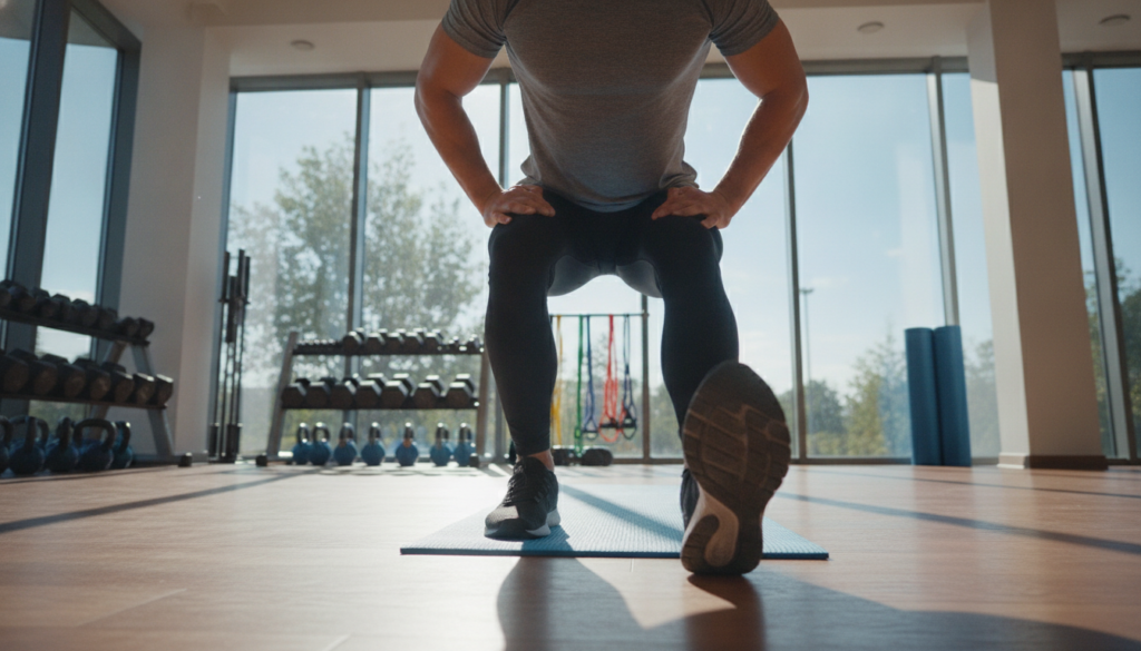 A fitness instructor demonstrating the soleus push-up technique in a well-lit gym. The foreground features the instructor, a fit individual dressed in modest athletic wear, focused and engaged in performing the exercise. Their feet are positioned on an exercise mat, with the soles flat against the ground, emphasizing the calf muscles. In the middle ground, various gym equipment like weights and resistance bands can be seen, creating a sense of an active environment. The background showcases large windows allowing natural light to illuminate the scene, enhancing the vibrant atmosphere. The overall mood is motivational and dynamic, reflecting a dedication to fitness and well-being. The camera angle is slightly low, capturing the instructor's form and technique with clarity and emphasis on the exercise's movement.