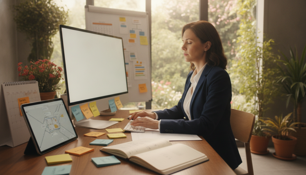 A modern workspace depicting a cognitive offloading system: in the foreground, a wooden desk with an open notebook, digital tablet, and colorful sticky notes, symbolizing organization and creativity. In the middle, a professional individual in business attire sits pensively, surrounded by neatly arranged tools like a calendar and a computer, deep in thought while using a mental strategy to clear their mind. In the background, a serene indoor environment with soft natural light streaming through a window, illuminating vibrant greenery outside, creating a calm atmosphere. The composition should evoke a sense of clarity, focus, and relaxation, showcasing the importance of cognitive offloading in a professional setting. A modern workspace depicting a cognitive offloading system: in the foreground, a wooden desk with an open notebook, digital tablet, and colorful sticky notes, symbolizing organization and creativity. In the middle, a professional individual in business attire sits pensively, surrounded by neatly arranged tools like a calendar and a computer, deep in thought while using a mental strategy to clear their mind. In the background, a serene indoor environment with soft natural light streaming through a window, illuminating vibrant greenery outside, creating a calm atmosphere. The composition should evoke a sense of clarity, focus, and relaxation, showcasing the importance of cognitive offloading in a professional setting.
