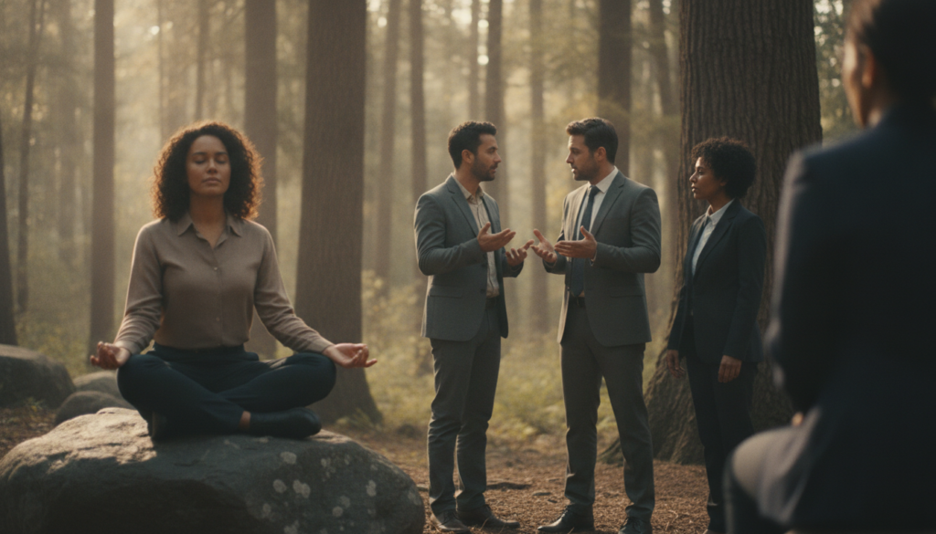 A serene and ethereal scene capturing a diverse group of individuals, each in modest, professional attire, gathered in a tranquil, sunlit forest clearing. In the foreground, a woman with closed eyes is meditating on a large, smooth stone, exuding a sense of peace and enlightenment. In the middle ground, two individuals engage in deep conversation, gesturing expressively, their faces bright with curiosity and understanding. The background features tall, majestic trees with dappled sunlight filtering through the leaves, creating a warm golden glow that enhances the atmosphere of introspection and discovery. Soft, diffused lighting conveys a sense of calm and stillness, inviting viewers to reflect on their own journey of seeking meaning and truth. The overall mood is uplifting and inspirational, symbolizing a pivotal moment in the search for deeper understanding.