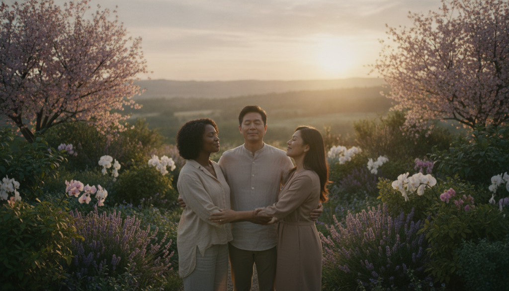 A serene and harmonious scene depicting "spiritual integration." In the foreground, a diverse group of individuals—three adults of different ethnicities, dressed in modest, professional clothing—are engaged in a circle, sharing insights and embracing one another with gentle smiles. In the middle ground, various plants and flowering trees symbolize growth and healing, their vibrant colors contrasting with the soft, calming pastels of the environment. The background features a tranquil, softly lit landscape, with a sunrise illuminating the horizon, casting warm golden light over the scene. The atmosphere exudes peace, unity, and wisdom, encouraging a feeling of inner transformation. The image should have a slight depth of field, focusing on the individuals while gently blurring the background to enhance the sense of intimacy and connection.