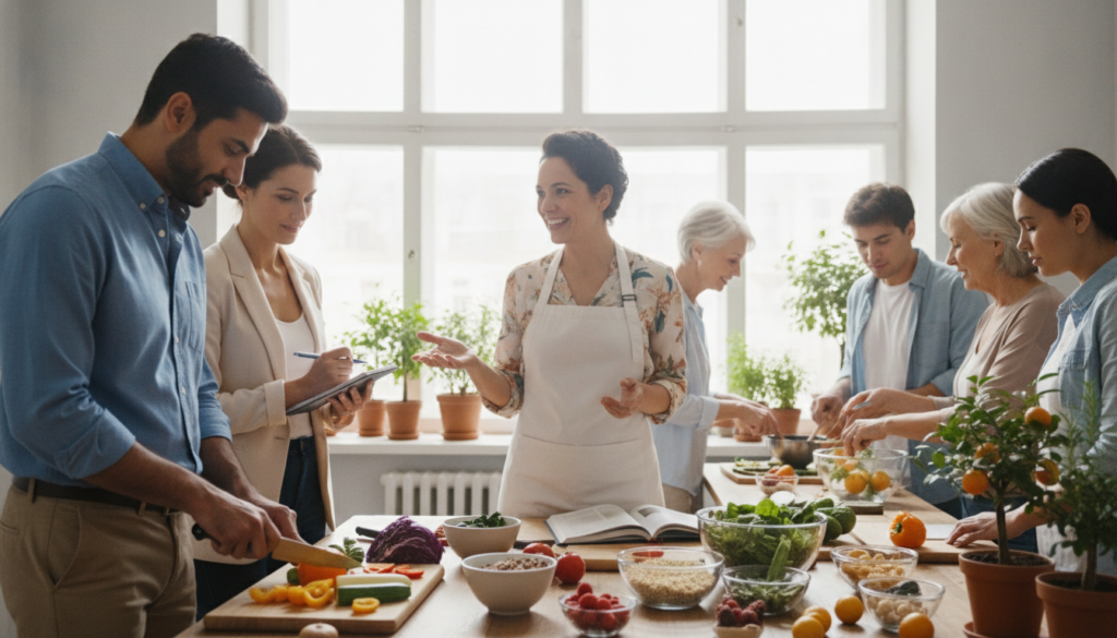 A serene and inspiring scene depicting a diverse group of individuals in a bright, naturally lit kitchen, actively participating in a cooking class focused on healthy, diabetes-friendly recipes. In the foreground, a middle-aged man in smart casual attire is chopping colorful vegetables, while a woman, dressed in a professional casual outfit, observes and takes notes. In the middle, a nutritionist with a warm smile stands by a large table filled with fresh ingredients and cookbooks, guiding the participants. The background features large windows that let in sunlight, creating a warm and inviting atmosphere, with potted herbs and fruits adding life to the space. The overall mood is uplifting and encouraging, symbolizing community support and empowerment on the journey to health.