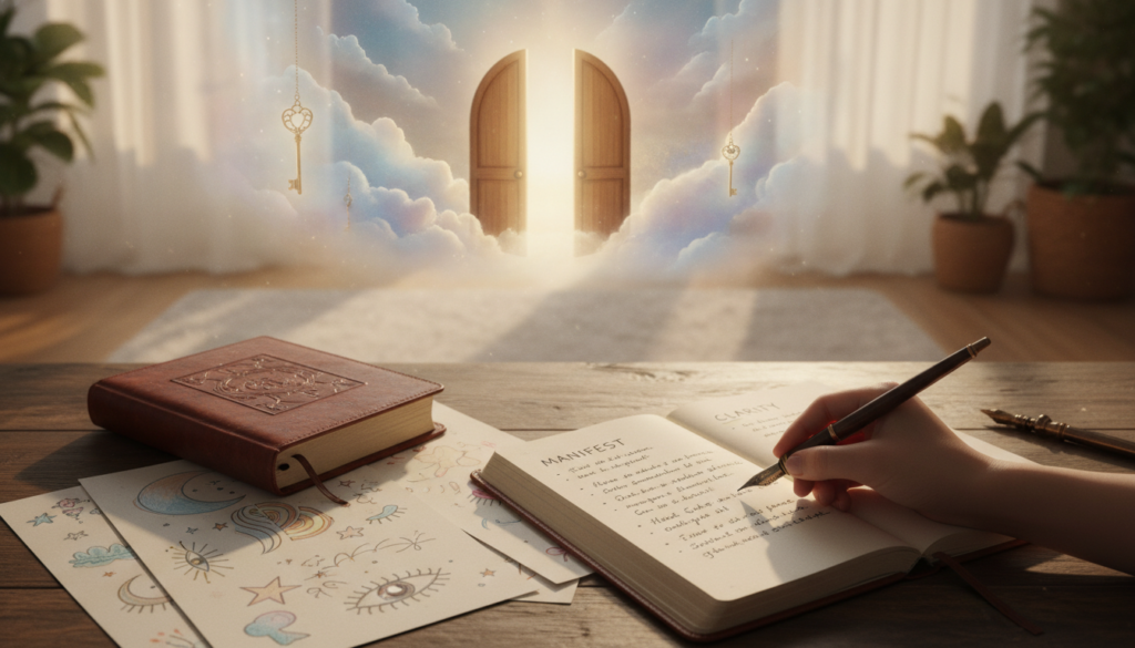 A serene and inviting workspace for the dream manifestation process, depicting a wooden desk cluttered with a beautifully bound journal, a fountain pen, and scattered pages filled with vivid doodles. In the foreground, a close-up of a hand writing in the journal, showcasing elegant script. The middle ground features soft, dreamlike imagery, such as ethereal clouds and symbolic elements like keys and doors, representing access to the subconscious mind. The background is a tranquil room bathed in warm, golden sunlight filtering through sheer curtains, enhancing the atmosphere of enlightenment and creativity. The overall mood is inspirational and contemplative, inviting viewers to explore their dreams and aspirations, with a focus on clarity and purpose in journaling. A serene and inviting workspace for the dream manifestation process, depicting a wooden desk cluttered with a beautifully bound journal, a fountain pen, and scattered pages filled with vivid doodles. In the foreground, a close-up of a hand writing in the journal, showcasing elegant script. The middle ground features soft, dreamlike imagery, such as ethereal clouds and symbolic elements like keys and doors, representing access to the subconscious mind. The background is a tranquil room bathed in warm, golden sunlight filtering through sheer curtains, enhancing the atmosphere of enlightenment and creativity. The overall mood is inspirational and contemplative, inviting viewers to explore their dreams and aspirations, with a focus on clarity and purpose in journaling.