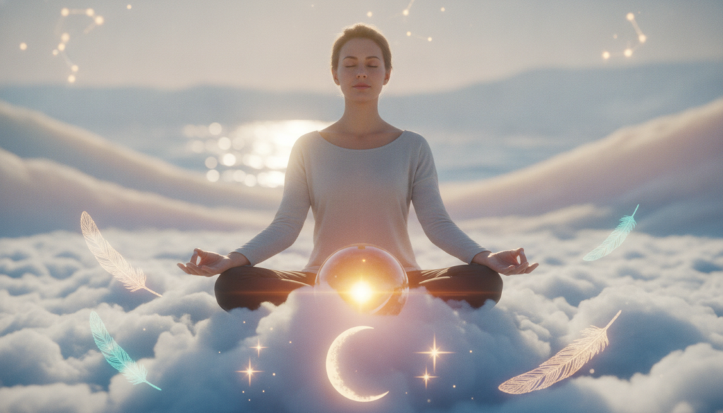 A serene and mystical scene depicting a person sitting cross-legged on a soft, cloud-like surface, their eyes gently closed in deep meditation. In the foreground, vibrant, ethereal dream symbols like a crescent moon, stars, and delicate feathers float around them, symbolizing the manifestation process. The middle ground features a softly glowing crystal orb, exuding warm light, signifying intention setting and unlocking the subconscious. The background is filled with softly blurred, dreamlike landscapes, such as pastel-colored hills and shimmering waters, creating an otherworldly atmosphere. The lighting is soft and ambient, with a calming golden hue that enhances the mood of tranquility and focus. Capture this scene with a gentle, inviting lens angle that draws the viewer into the experience. A serene and mystical scene depicting a person sitting cross-legged on a soft, cloud-like surface, their eyes gently closed in deep meditation. In the foreground, vibrant, ethereal dream symbols like a crescent moon, stars, and delicate feathers float around them, symbolizing the manifestation process. The middle ground features a softly glowing crystal orb, exuding warm light, signifying intention setting and unlocking the subconscious. The background is filled with softly blurred, dreamlike landscapes, such as pastel-colored hills and shimmering waters, creating an otherworldly atmosphere. The lighting is soft and ambient, with a calming golden hue that enhances the mood of tranquility and focus. Capture this scene with a gentle, inviting lens angle that draws the viewer into the experience.