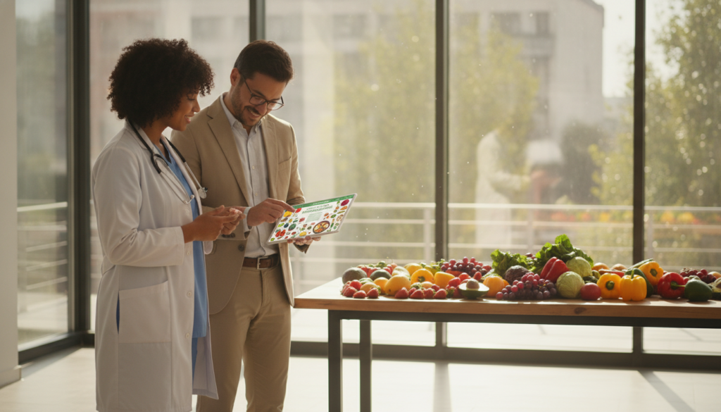 A serene and optimistic scene depicting a diverse group of medical professionals, including a doctor in a white coat and a nutritionist in smart casual attire, standing together in a modern, well-lit clinic. In the foreground, they are reviewing a colorful, healthy meal plan on a tablet, symbolizing the natural methods of reversing insulin resistance. In the middle ground, there are vibrant fruits and vegetables displayed on a table, emphasizing nutrition. The background features large windows with soft, natural light streaming in, creating a warm and inviting atmosphere. The image conveys hope and professionalism, with a focus on health and positive lifestyle changes, captured at a slight angle to inspire connection.