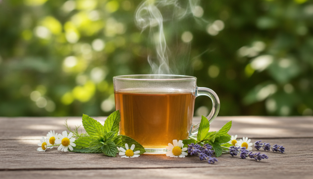 A serene, close-up view of a steaming cup of organic herbal tea placed on a natural wooden table, surrounded by fresh green herbs like mint, chamomile, and lavender. The background features a softly blurred garden scene with sunlight filtering through lush leaves, creating a warm and inviting atmosphere. The cup should be translucent, revealing the rich amber color of the tea, with delicate steam swirling up into the air. Natural light enhances the colors, casting gentle shadows and highlighting the textures of the herbs. The angle captures both the cup and the surrounding greenery, emphasizing the connection to nature and nourishing qualities of the herbal tea. Focus on creating a calm and rejuvenating mood. A serene, close-up view of a steaming cup of organic herbal tea placed on a natural wooden table, surrounded by fresh green herbs like mint, chamomile, and lavender. The background features a softly blurred garden scene with sunlight filtering through lush leaves, creating a warm and inviting atmosphere. The cup should be translucent, revealing the rich amber color of the tea, with delicate steam swirling up into the air. Natural light enhances the colors, casting gentle shadows and highlighting the textures of the herbs. The angle captures both the cup and the surrounding greenery, emphasizing the connection to nature and nourishing qualities of the herbal tea. Focus on creating a calm and rejuvenating mood.