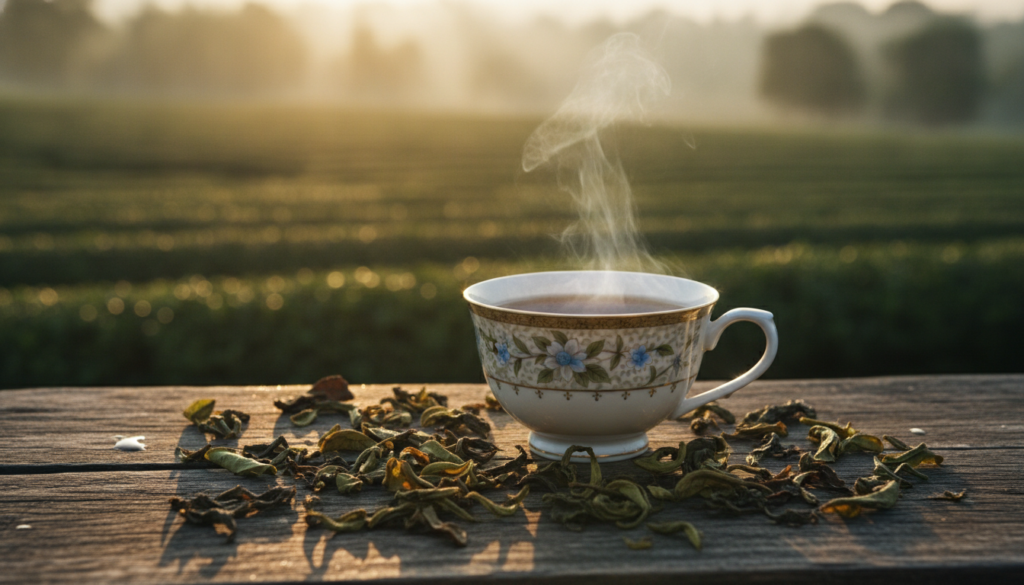 A serene cup of organic black tea sits on a wooden table, featuring a delicate porcelain teacup with intricate floral designs. The tea, deep amber in color, emits gentle steam, imparting warmth and comfort. Surrounding the cup, freshly brewed tea leaves are scattered, highlighting their rich brown and green hues. In the background, a softly blurred lush tea plantation stretches under a golden sunrise, the sun's rays casting a warm glow that enhances the organic aspects of the scene. A hint of moisture in the air suggests a peaceful morning atmosphere. The composition should be shot with a shallow depth of field, focusing sharply on the tea cup while softly blending the plantation in the backdrop. The lighting is natural, creating a tranquil and inviting mood. A serene cup of organic black tea sits on a wooden table, featuring a delicate porcelain teacup with intricate floral designs. The tea, deep amber in color, emits gentle steam, imparting warmth and comfort. Surrounding the cup, freshly brewed tea leaves are scattered, highlighting their rich brown and green hues. In the background, a softly blurred lush tea plantation stretches under a golden sunrise, the sun's rays casting a warm glow that enhances the organic aspects of the scene. A hint of moisture in the air suggests a peaceful morning atmosphere. The composition should be shot with a shallow depth of field, focusing sharply on the tea cup while softly blending the plantation in the backdrop. The lighting is natural, creating a tranquil and inviting mood.