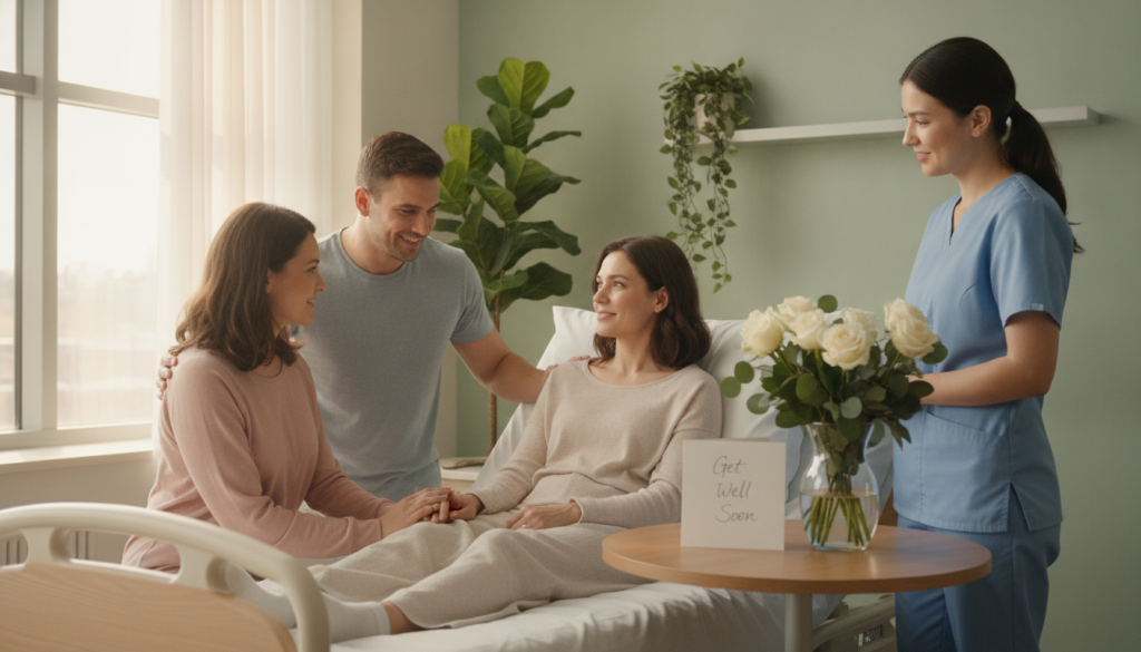 A serene hospital room bathed in soft, warm natural light filtering through a large window. In the foreground, a diverse group of three individuals—two friends and a healthcare professional—are gathered around a patient sitting in a hospital bed, comfortably dressed in modest casual clothing. The friends are smiling encouragingly, one holding the patient’s hand, while the healthcare professional stands nearby with a supportive expression, their scrubs conveying trust. In the middle ground, a small table with a get-well soon card and fresh flowers adds warmth. The background features calming colors, with soft green plants enhancing the sense of healing and support. The overall mood is one of comfort, encouragement, and a positive mindset, illustrating the power of loved ones and healthcare teams in the recovery journey. A serene hospital room bathed in soft, warm natural light filtering through a large window. In the foreground, a diverse group of three individuals—two friends and a healthcare professional—are gathered around a patient sitting in a hospital bed, comfortably dressed in modest casual clothing. The friends are smiling encouragingly, one holding the patient’s hand, while the healthcare professional stands nearby with a supportive expression, their scrubs conveying trust. In the middle ground, a small table with a get-well soon card and fresh flowers adds warmth. The background features calming colors, with soft green plants enhancing the sense of healing and support. The overall mood is one of comfort, encouragement, and a positive mindset, illustrating the power of loved ones and healthcare teams in the recovery journey.