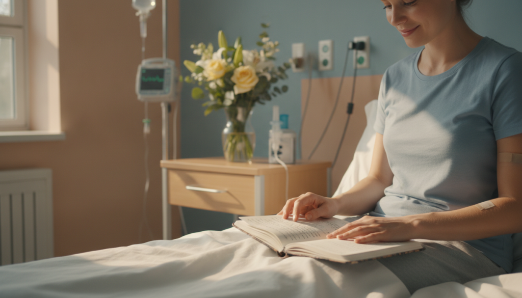 A serene hospital room bathed in warm, soft lighting, with sunlight streaming through a window, casting gentle shadows. In the foreground, a person in modest casual clothing sits on a hospital bed, a gratitude journal open in their lap, a calm and hopeful expression on their face. Their hand rests thoughtfully on the page, reflecting a positive mindset after surgery. In the middle ground, a vase of fresh flowers sits on a bedside table, symbolizing vitality and healing. The background features a comforting and inviting atmosphere, with pastel-colored walls and medical devices slightly blurred, enhancing the focus on the individual. Capture a sense of tranquility and resilience, illustrating the transformative power of gratitude in recovery. A serene hospital room bathed in warm, soft lighting, with sunlight streaming through a window, casting gentle shadows. In the foreground, a person in modest casual clothing sits on a hospital bed, a gratitude journal open in their lap, a calm and hopeful expression on their face. Their hand rests thoughtfully on the page, reflecting a positive mindset after surgery. In the middle ground, a vase of fresh flowers sits on a bedside table, symbolizing vitality and healing. The background features a comforting and inviting atmosphere, with pastel-colored walls and medical devices slightly blurred, enhancing the focus on the individual. Capture a sense of tranquility and resilience, illustrating the transformative power of gratitude in recovery.