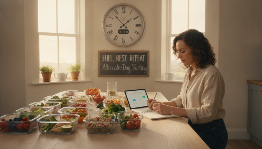 A serene kitchen setting illustrating the concept of alternate-day fasting. In the foreground, a well-organized table displays various meal prep containers filled with healthy foods like fruits, vegetables, and lean proteins. A professional-looking person in modest casual clothing is seen consulting a notepad, taking notes on a fasting schedule. In the middle ground, a wall clock is visible, indicating the passage of time, symbolizing the fasting intervals. The background features a cozy window with soft natural light filtering in, creating a warm, inviting atmosphere. The overall mood is motivational and informative, inspiring viewers to embark on their fasting journey with clarity and preparation.