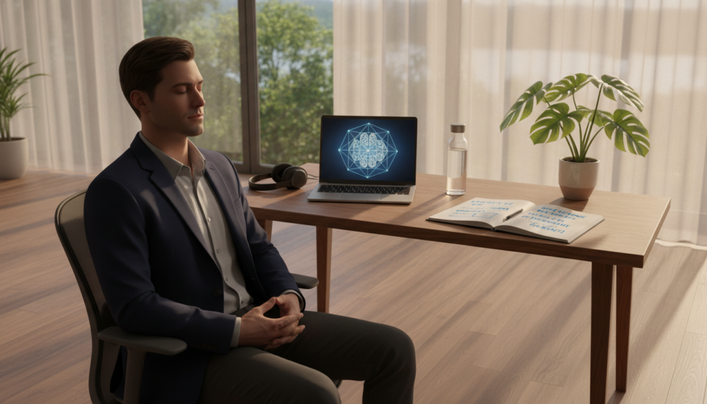 A serene workspace environment designed for cognitive health optimization. In the foreground, a smartly-dressed professional, seated at a desk, is engaging in a mindfulness exercise with eyes closed, hands resting gently on their lap. In the middle ground, the desk features an organized array of tools: a laptop, an open notebook filled with notes, and a potted plant, symbolizing growth and clarity. The background showcases a large window with soft, natural light streaming in, illuminating the room in warm tones and casting gentle shadows. The overall atmosphere conveys tranquility and focus, emphasizing the concept of overcoming psychological resistance and enhancing memory. The angle is slightly elevated to capture both the subject and the harmonious space around them. A serene workspace environment designed for cognitive health optimization. In the foreground, a smartly-dressed professional, seated at a desk, is engaging in a mindfulness exercise with eyes closed, hands resting gently on their lap. In the middle ground, the desk features an organized array of tools: a laptop, an open notebook filled with notes, and a potted plant, symbolizing growth and clarity. The background showcases a large window with soft, natural light streaming in, illuminating the room in warm tones and casting gentle shadows. The overall atmosphere conveys tranquility and focus, emphasizing the concept of overcoming psychological resistance and enhancing memory. The angle is slightly elevated to capture both the subject and the harmonious space around them.
