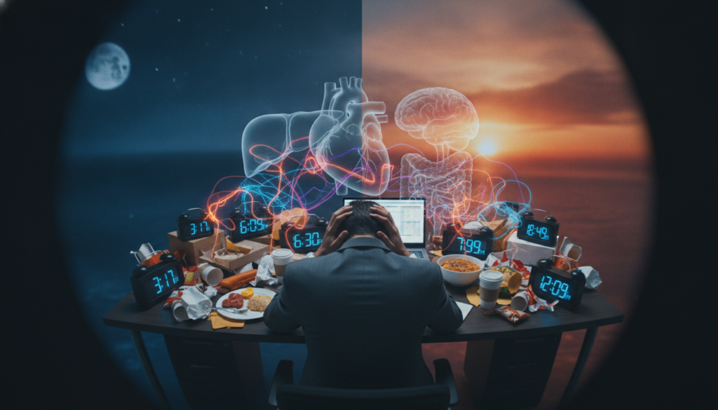 A surreal depiction of circadian rhythm disruption illustrated through a split scene. In the foreground, a human figure in professional business attire sits at a cluttered office desk, surrounded by digital clocks displaying different times and a chaotic arrangement of food, symbolizing irregular eating patterns. In the middle ground, organic forms like organs (liver, heart) appear semi-transparent, interconnected with luminous lines representing disrupted biological processes. The background features a dimly lit environment, casting blue and orange hues that suggest night and day, creating a sense of tension. Use soft focus on the background to emphasize the foreground figure while maintaining clarity of the middle ground, shaped by a slight fisheye lens to enhance the surreal effect. The overall mood should convey unease and the chaotic impact of disrupted circadian rhythms on health. A surreal depiction of circadian rhythm disruption illustrated through a split scene. In the foreground, a human figure in professional business attire sits at a cluttered office desk, surrounded by digital clocks displaying different times and a chaotic arrangement of food, symbolizing irregular eating patterns. In the middle ground, organic forms like organs (liver, heart) appear semi-transparent, interconnected with luminous lines representing disrupted biological processes. The background features a dimly lit environment, casting blue and orange hues that suggest night and day, creating a sense of tension. Use soft focus on the background to emphasize the foreground figure while maintaining clarity of the middle ground, shaped by a slight fisheye lens to enhance the surreal effect. The overall mood should convey unease and the chaotic impact of disrupted circadian rhythms on health.