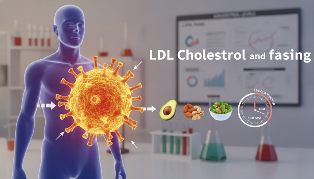A visually striking illustration representing "ldl cholesterol and fasting" in a scientific context. In the foreground, a simplified 3D model of an LDL cholesterol particle, depicted in bright colors like yellow and orange, interacts with a clear representation of a human silhouette. In the middle ground, icons of healthy foods like avocados and nuts symbolize a balanced diet alongside a clock indicating fasting intervals. The background features a blurred laboratory setting, hinting at research with beakers and charts related to lipid profiles. The lighting is soft yet bright, creating a balanced mood that feels informative and hopeful. The angle is slightly tilted down with a macro lens effect, emphasizing the LDL particle against the backdrop of healthy lifestyle choices.