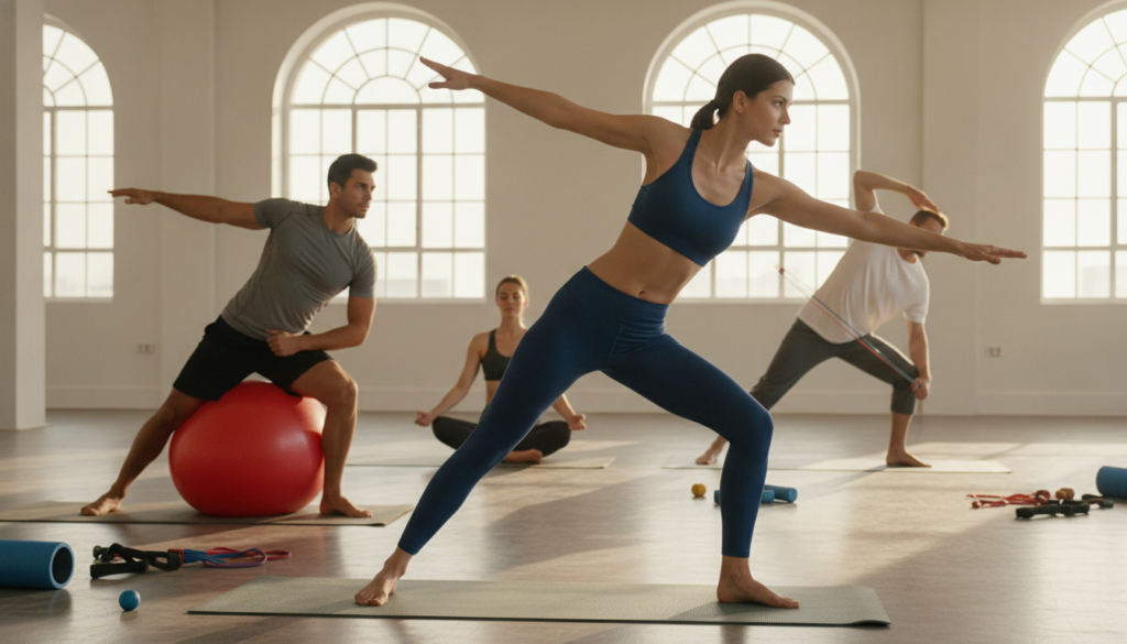A well-lit fitness studio showcases a diverse group of four individuals (two men and two women) engaged in fascial awareness training. In the foreground, a woman demonstrates a dynamic stretching exercise, her body elongated and focused, dressed in professional athletic wear. To her left, a man balances on a stability ball, emphasizing core strength, while another woman practices deep breathing and mindful movement in the middle layer. The background features large windows allowing natural light to flood in, highlighting the space's open and inviting atmosphere. Soft, diffused lighting creates a serene environment, while exercise mats and resistance bands are subtly scattered around, reinforcing the theme of functional strength and whole-body kinetic power. The mood is one of concentration, engagement, and holistic wellness.