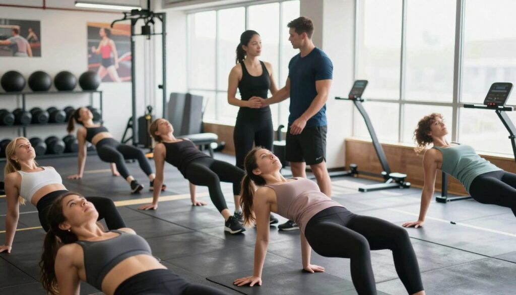 A bright, dynamic indoor gym setting illustrating the concept of visceral fat reduction through targeted physical activity. In the foreground, a diverse group of individuals in professional workout attire are engaged in various exercises, such as weight lifting, high-intensity interval training, and yoga, demonstrating effective fat loss techniques. Slightly blurred in the middle ground, a personal trainer is guiding a woman performing a core-strengthening exercise, showcasing determination and focus. The background features fitness equipment and motivational posters emphasizing health and well-being. Bright, natural lighting streams in from large windows, creating a vibrant and energetic atmosphere. The overall mood conveys empowerment, health, and commitment to a fitness journey.