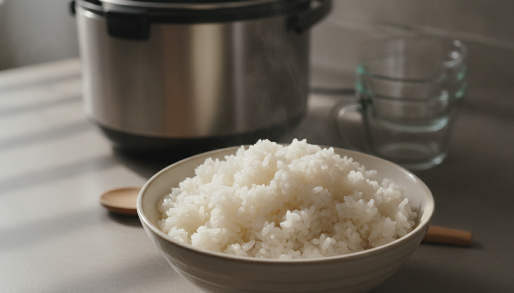 A close-up scene focusing on a bowl of fluffy, perfectly cooked white rice, emphasized to highlight its texture and appearance. The rice should be slightly cooled, showcasing its transformation into resistant starch, with steam still rising gently to indicate warmth. In the background, a blurred kitchen countertop contains prep tools like a rice cooker and measuring cups, creating an inviting and homey atmosphere. Soft, natural lighting filters in from a nearby window, casting gentle shadows that enhance the rice's contours. The composition is shot from a top-down angle, with a focus on the rice in the foreground, inviting viewers to engage with the healthy, appealing meal option. Aim for a fresh and wholesome feel, promoting health and wellness. A close-up scene focusing on a bowl of fluffy, perfectly cooked white rice, emphasized to highlight its texture and appearance. The rice should be slightly cooled, showcasing its transformation into resistant starch, with steam still rising gently to indicate warmth. In the background, a blurred kitchen countertop contains prep tools like a rice cooker and measuring cups, creating an inviting and homey atmosphere. Soft, natural lighting filters in from a nearby window, casting gentle shadows that enhance the rice's contours. The composition is shot from a top-down angle, with a focus on the rice in the foreground, inviting viewers to engage with the healthy, appealing meal option. Aim for a fresh and wholesome feel, promoting health and wellness.
