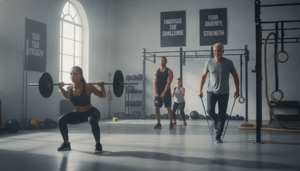 A diverse group of individuals engaged in functional fitness training at various intensity levels in a well-lit gym setting. In the foreground, a young woman performing a squat with proper form, while next to her, a senior man balances on one leg, grasping a resistance band for support. In the middle, a middle-aged man lifts a kettlebell, showcasing strength, alongside a teenage girl practicing lunges. The background features gym equipment and motivational posters, creating an encouraging atmosphere. Soft, natural lighting streams through large windows, casting gentle shadows and enhancing the sense of health and vitality. The mood is energetic yet approachable, encouraging viewers of all fitness levels to feel included and motivated in their pursuit of fitness.