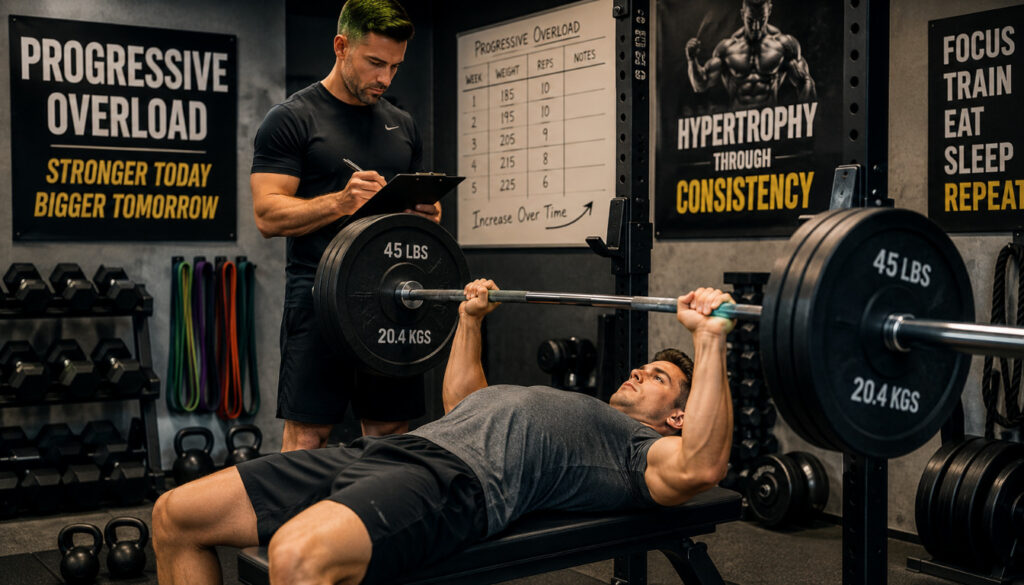 A dynamic gym scene illustrating the concept of progressive overload in a hypertrophy-focused workout. In the foreground, a focused individual, dressed in a fitted but modest workout outfit, performs a bench press with weights that progressively increase. Their determined expression conveys the effort of lifting heavier weights. In the middle ground, a trainer notes the weights and repetitions on a clipboard, reflecting the scientific approach to low-volume training. Surrounding them, a variety of gym equipment like dumbbells and resistance bands creates a sense of workout diversity. The background features motivational posters related to muscle growth and fitness. The lighting is bright and focused, emphasizing the subject, with a slight soft blur to the background, creating an energetic yet professional atmosphere, highlighting the commitment to fitness and progression.