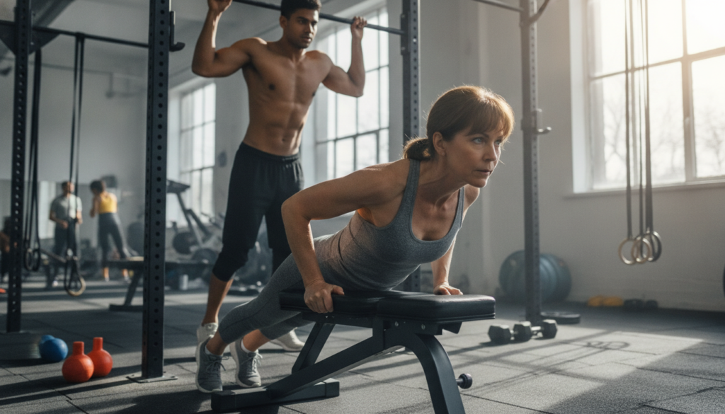 A dynamic indoor gym setting showcasing diverse individuals engaged in practical strength training focused on upper body pushing and pulling exercises. In the foreground, a middle-aged woman with a determined expression performs a weighted push-up on a bench, her form precise and powerful. In the middle, a young man of South Asian descent executes a pull-up on a sturdy bar, showcasing muscle definition and concentration. Surrounding them, the gym is well-lit with natural sunlight filtering through large windows, creating an energetic atmosphere. Equipment like dumbbells and resistance bands clutter the background, hinting at a fitness environment. The scene conveys a sense of community, strength, and the importance of real-world fitness, with a focus on balance and mobility.