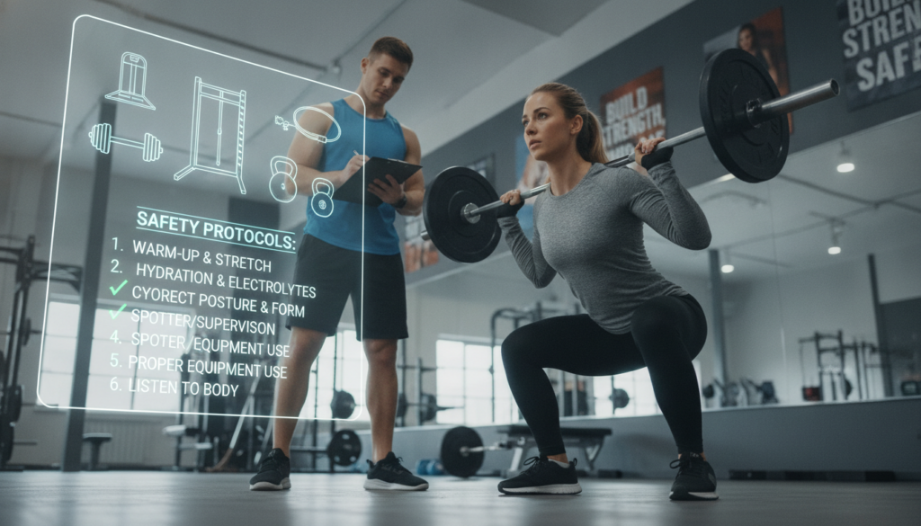 A dynamic scene illustrating safety protocols for high-intensity resistance training. In the foreground, a confident trainer demonstrates proper lifting form with weights, wearing professional athletic gear. Beside them, another individual observes, taking notes on a clipboard, emphasizing the monitoring aspect of safety. In the middle, a detailed graphic of fitness equipment is displayed, including resistance bands and weights, along with a checklist highlighting key safety measures like warm-ups, hydration, and correct posture. The background features a well-lit gym with motivational posters and mirrors, creating an energetic atmosphere. Soft, diffused lighting enhances the focus on the subjects, captured from a low angle to emphasize the importance of safety in exercise. The overall mood is serious yet encouraging, promoting a culture of safety in fitness training.