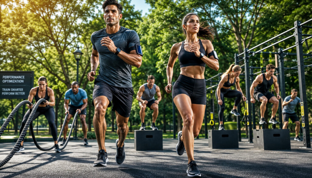 A dynamic scene showcasing athletic performance optimization, featuring a diverse group of athletes in a modern outdoor training facility. In the foreground, a male and female athlete demonstrate proper running form while using heart rate monitors, illustrating a blend of technology and training. The middle ground includes a range of beginners and advanced athletes engaged in various cardio workouts, such as using battle ropes and plyometric boxes, emphasizing progression strategies. The background reveals a serene park setting with trees and sunlight filtering through, creating an uplifting atmosphere. The image captures vibrant colors, with a focus on the athletes’ intensity and determination. The lighting is bright and natural, enhancing the sense of energy and motivation, while the perspective is slightly low-angle to emphasize the athletes’ strength and focus. A dynamic scene showcasing athletic performance optimization, featuring a diverse group of athletes in a modern outdoor training facility. In the foreground, a male and female athlete demonstrate proper running form while using heart rate monitors, illustrating a blend of technology and training. The middle ground includes a range of beginners and advanced athletes engaged in various cardio workouts, such as using battle ropes and plyometric boxes, emphasizing progression strategies. The background reveals a serene park setting with trees and sunlight filtering through, creating an uplifting atmosphere. The image captures vibrant colors, with a focus on the athletes’ intensity and determination. The lighting is bright and natural, enhancing the sense of energy and motivation, while the perspective is slightly low-angle to emphasize the athletes’ strength and focus.
