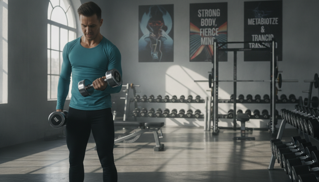 A fit individual performing strength training exercises in a well-lit gym environment, focused on optimizing metabolism for weight loss. In the foreground, the person, dressed in modest athletic wear, is seen lifting a dumbbell with a determined expression. The middle ground showcases a variety of strength training equipment, such as weights and benches, emphasizing an environment conducive to high-intensity workouts. Soft, natural lighting filters in from large windows, casting dynamic shadows that enhance the atmosphere of vitality and focus. In the background, motivational posters adorn the walls, reinforcing the theme of personal growth and strength. The image conveys a sense of empowerment, determination, and an energetic drive to improve fitness and health.