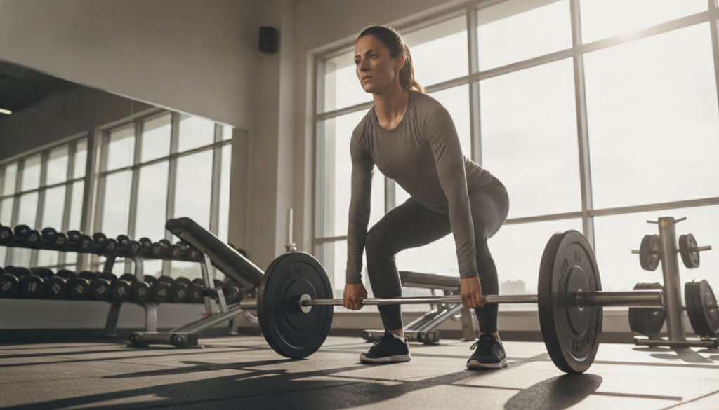 A fitness coach demonstrating weight lifting in a modern gym setting. In the foreground, a focused adult woman in modest, casual athletic wear is performing a deadlift with perfect form, showcasing her strength and determination. Her expression is one of concentration, embodying the spirit of perseverance. In the middle background, various gym equipment can be seen, such as dumbbells and benches, emphasizing a fitness environment. Natural light filters through large windows, creating a bright and inspiring atmosphere. The image is captured from a low angle to highlight the lifting technique and the energy of the scene. The overall mood conveys motivation and dedication, ideal for inspiring readers on their fitness journeys. A fitness coach demonstrating weight lifting in a modern gym setting. In the foreground, a focused adult woman in modest, casual athletic wear is performing a deadlift with perfect form, showcasing her strength and determination. Her expression is one of concentration, embodying the spirit of perseverance. In the middle background, various gym equipment can be seen, such as dumbbells and benches, emphasizing a fitness environment. Natural light filters through large windows, creating a bright and inspiring atmosphere. The image is captured from a low angle to highlight the lifting technique and the energy of the scene. The overall mood conveys motivation and dedication, ideal for inspiring readers on their fitness journeys.