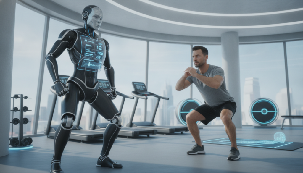 A futuristic AI personal trainer stands confidently in a modern gym setting. In the foreground, a humanoid robot, sleek and athletic, displays a digital interface that showcases exercise statistics and personalized workout plans. The robot is interacting with a fit individual in modest athletic clothing, demonstrating an exercise with precise technique; they both exhibit focused expressions. In the middle ground, various gym equipment and smart devices are visible, highlighting a high-tech environment. The background features large windows letting in soft, natural light, creating a bright and motivating atmosphere. The composition is captured at a slight low angle to emphasize the robot's advanced features while conveying an uplifting and encouraging mood, inspiring viewers about the potential of AI in fitness coaching.