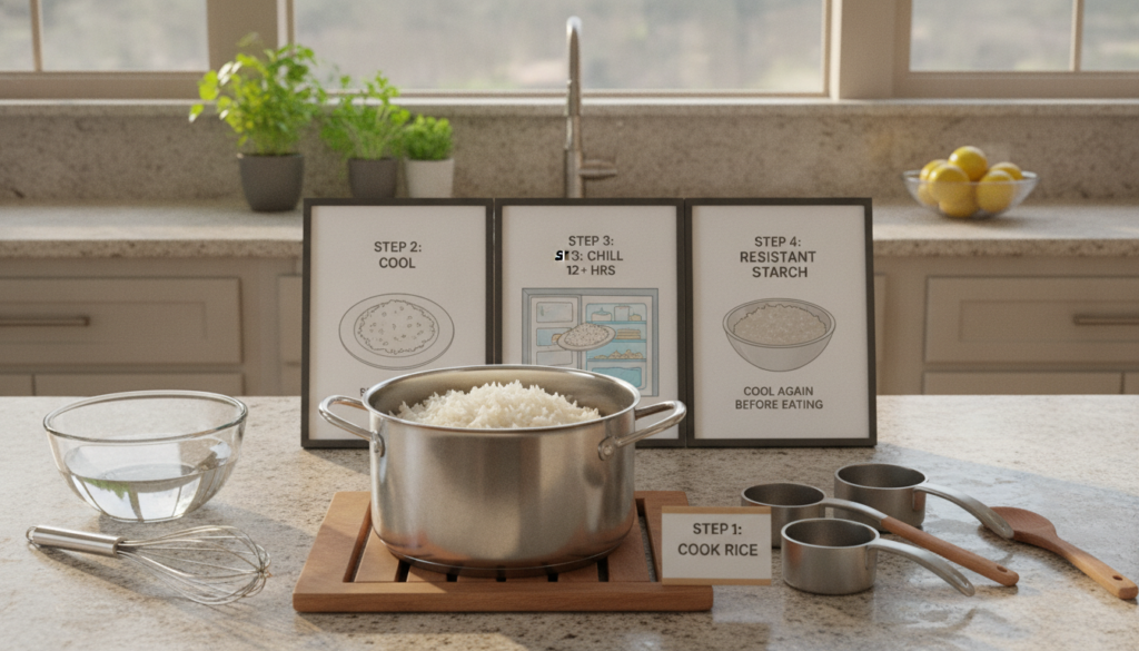 A highly detailed kitchen scene depicting the process of making resistant starch from white rice. In the foreground, a clean and organized countertop features a pot of cooked rice surrounded by cooking utensils, measuring cups, and a bowl of water. In the middle ground, a step-by-step visual guide illustrates key stages: cooling the rice on a plate, placing it in the refrigerator, and finally, the rice transformed into resistant starch. The background shows warm ambient lighting filtering through kitchen windows, creating an inviting atmosphere. The kitchen is modern and well-equipped with fresh ingredients like herbs for garnish. Shot from a slightly elevated angle to capture the entire scene, focusing on the clarity and texture of the food items, ensuring the mood is educational and motivating. A highly detailed kitchen scene depicting the process of making resistant starch from white rice. In the foreground, a clean and organized countertop features a pot of cooked rice surrounded by cooking utensils, measuring cups, and a bowl of water. In the middle ground, a step-by-step visual guide illustrates key stages: cooling the rice on a plate, placing it in the refrigerator, and finally, the rice transformed into resistant starch. The background shows warm ambient lighting filtering through kitchen windows, creating an inviting atmosphere. The kitchen is modern and well-equipped with fresh ingredients like herbs for garnish. Shot from a slightly elevated angle to capture the entire scene, focusing on the clarity and texture of the food items, ensuring the mood is educational and motivating.