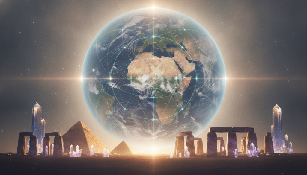 A mesmerizing representation of sacred geometry overlaying Earth’s grid, focusing on an intricate pattern of ley lines connecting ancient monuments. In the foreground, a vibrant depiction of sacred sites like Stonehenge and the Pyramids of Giza, shimmering with ethereal energy. The middle ground features a translucent grid map, showcasing the connections among these monuments, illuminated by soft, mystical light. In the background, a globe of the Earth rotates softly, with atmospheric colors of blue and green, embodying a sense of unity and interconnectedness. The lighting is a soft, radiant glow, enhancing the sacredness of the geometry. Capture this scene from a slightly elevated angle, embracing a tranquil and reverent mood that invites contemplation and exploration of mystical energies. A mesmerizing representation of sacred geometry overlaying Earth’s grid, focusing on an intricate pattern of ley lines connecting ancient monuments. In the foreground, a vibrant depiction of sacred sites like Stonehenge and the Pyramids of Giza, shimmering with ethereal energy. The middle ground features a translucent grid map, showcasing the connections among these monuments, illuminated by soft, mystical light. In the background, a globe of the Earth rotates softly, with atmospheric colors of blue and green, embodying a sense of unity and interconnectedness. The lighting is a soft, radiant glow, enhancing the sacredness of the geometry. Capture this scene from a slightly elevated angle, embracing a tranquil and reverent mood that invites contemplation and exploration of mystical energies.