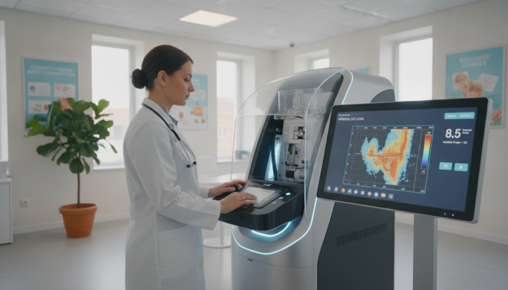 A modern, clean clinical setting showcasing a health professional measuring visceral fat using advanced imaging technology. In the foreground, a healthcare professional in a crisp white lab coat, with a stethoscope around their neck, attentively analyzing a digital display that shows visceral fat levels. The middle ground features a high-tech body composition analyzer, reflecting a soft glow of blue and white light, creating a serene and focused environment. The background displays a bright, well-lit consultation room adorned with health posters and a potted plant, emphasizing a sense of wellness. The atmosphere is informative and professional, with soft, ambient lighting, captured at eye-level to draw the viewer into the measuring process.