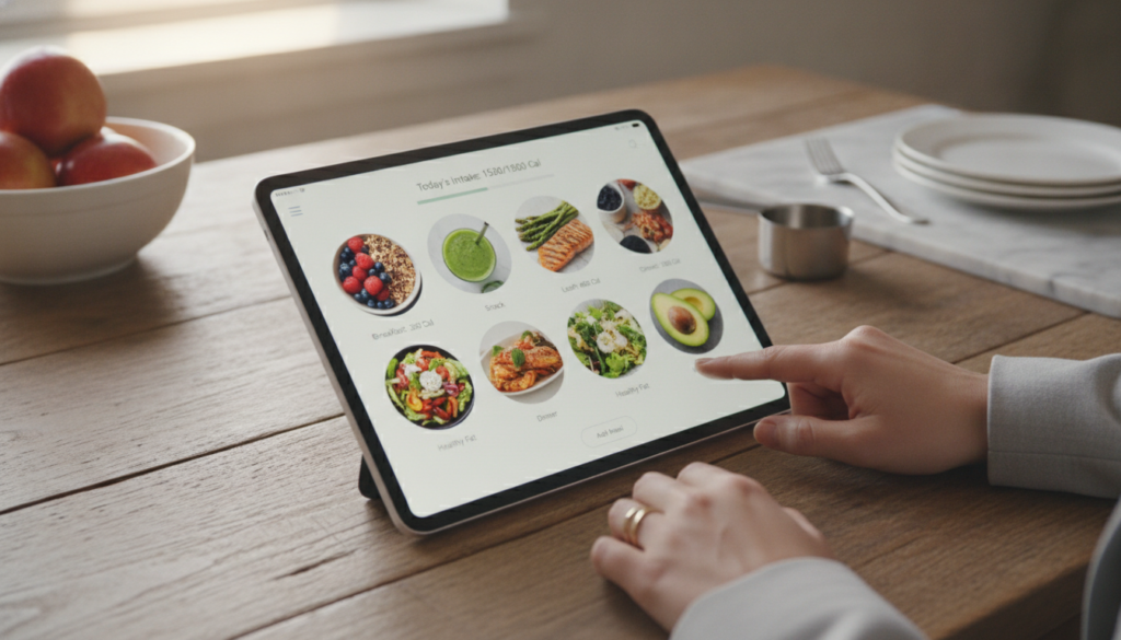 A modern digital food journal interface displayed on a sleek tablet, prominently placed on a rustic wooden table in a well-lit kitchen environment. The screen shows a colorful array of food entries with images of fresh fruits, vegetables, and meals, emphasizing nutrition tracking. In the background, blurred kitchen elements like a bowl of apples and a measuring cup create a warm and inviting atmosphere. Soft, natural lighting streams in from a nearby window, enhancing the vibrant colors on the tablet. A pair of hands in professional attire is seen interacting with the tablet, tapping on the screen to log a meal. The overall mood is focused, motivational, and inspiring, encouraging a healthier lifestyle. A modern digital food journal interface displayed on a sleek tablet, prominently placed on a rustic wooden table in a well-lit kitchen environment. The screen shows a colorful array of food entries with images of fresh fruits, vegetables, and meals, emphasizing nutrition tracking. In the background, blurred kitchen elements like a bowl of apples and a measuring cup create a warm and inviting atmosphere. Soft, natural lighting streams in from a nearby window, enhancing the vibrant colors on the tablet. A pair of hands in professional attire is seen interacting with the tablet, tapping on the screen to log a meal. The overall mood is focused, motivational, and inspiring, encouraging a healthier lifestyle.